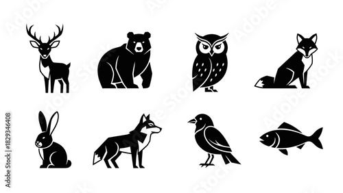Collection of stylized black and white animal icons representing wildlife species