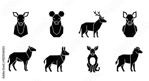 Geometric animal silhouettes collection, modern and minimalist animal icons for graphic design