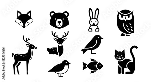 Stylized Animal Icons: A Collection of Minimalist Wildlife Representations in Black and White