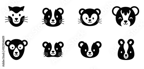 Stylized animal faces in black and white illustration for graphic design projects