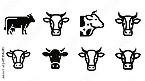 Collection of Vector Cow Icon Illustrations Representing Cattle and Livestock Animals on white