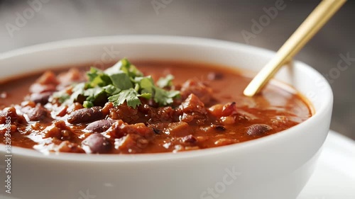 Hearty Bowl Of Chili With Kidney Beans And Cilantro Garnish In A White Bowl With A Gold Spoon