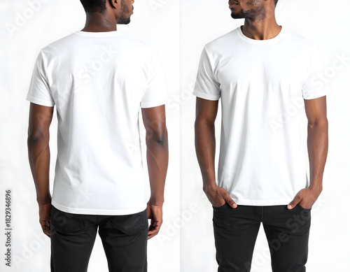 Front and back views of a dark-skinned man wearing a blank white short-sleeved t-shirt and black pants, standing against a plain background.