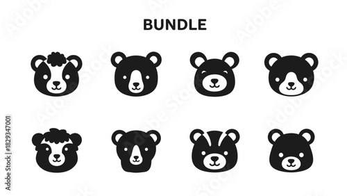 Vector illustration bundle of cute cartoon bear faces in black and white design