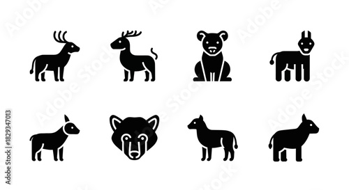 Black animal glyphs icons, deer, dog, donkey, goat, bear, horse and farm animal icons