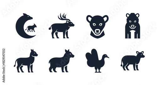 Collection of animal icons: mammals, birds, and livestock in a minimalist style