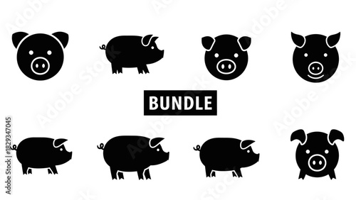 Black and White Pig Icon Bundle Vector Illustration for Graphic Design Projects