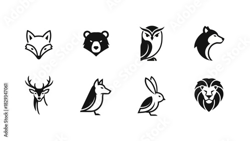 Collection of Minimalist Animal Logos in Black and White for Branding Design