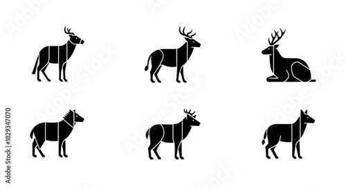 Elegant Icon Set of Deer and Antelope Silhouettes Featuring Minimalist Design and Style