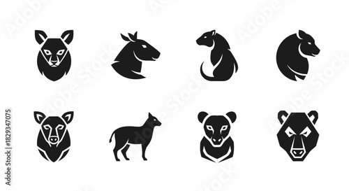 Collection of animal head icons in modern geometric style depicting wildlife