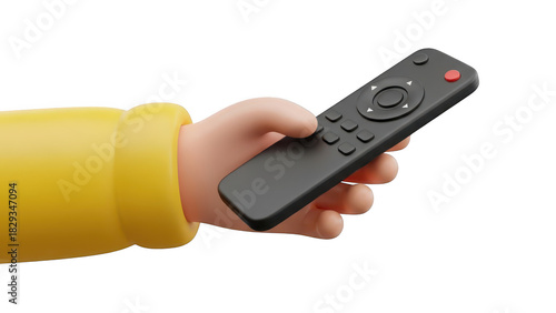 3d cartoon hand holding a black television remote control device isolated on transparent background