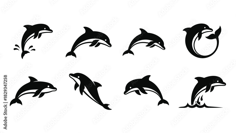 Fototapeta premium Elegant collection of dolphin silhouettes in various poses on a white background