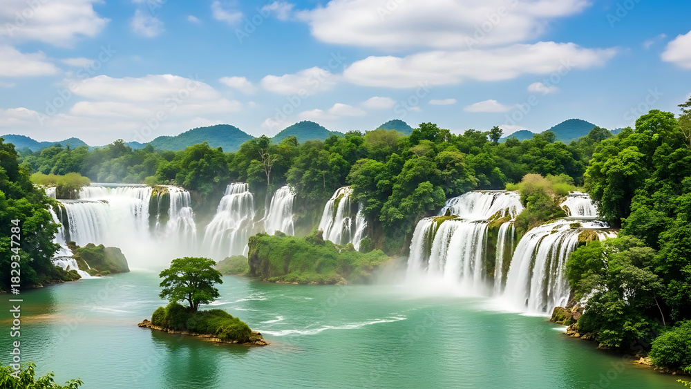 Obraz premium Scenic Tropical Waterfall Landscape with Lush Green Forest and Clear Blue Sky