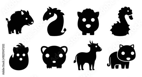 Collection of minimalist animal silhouette icons featuring various farm and mythological creatures