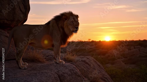 Majestic Male Lion Standing on Rocky Outcrop Gazing at a Vibrant African Sunset Over the Savannah
