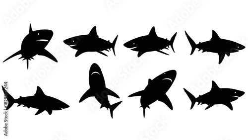 A Set of Silhouetted Sharks Swimming and Posing on White Background Great for Design Projects