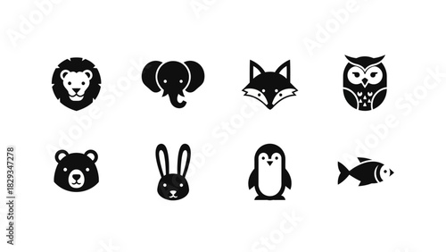 Collection of minimalist animal icons in black and white perfect for logo design branding  and