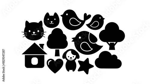 Collection of Black and White Silhouette Icons Representing Animals, Nature, and Home Life