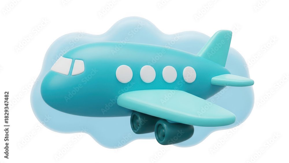 Obraz premium Cute 3d cartoon airplane flying in the sky with a soft cloud shape, isolated on transparent background for travel concept