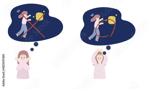 お金を追い求めるのを禁じる女性とお金を目標にすることに許可を出す女性の対比イラスト