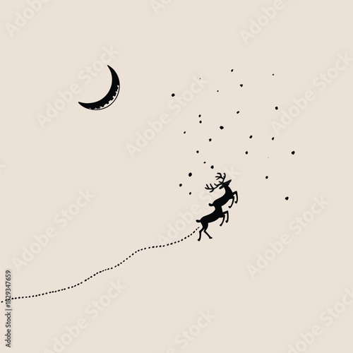 Minimalist illustration of two deer leaping under a crescent moon jumping