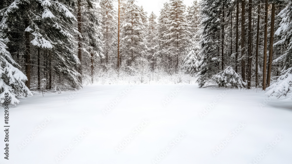 Fototapeta premium Snowy forest pine tree winter landscape snow field evergreen snow covered tree conifer frost
