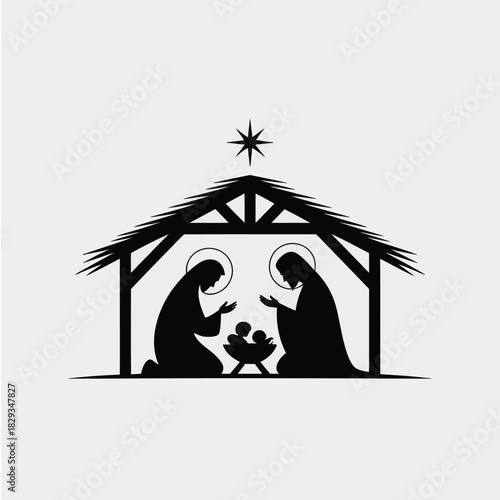 Nativity scene silhouette inside a stable with a star above christmas jesus