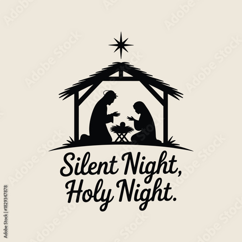 Nativity scene silhouette with Silent Night Holy Night text Keywords: Christmas, Nativity, scene