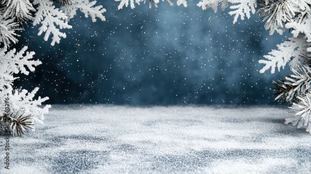 Fototapeta premium Snowy pine branches snow winter frost snowfall cold evergreen pine snowflake frosty winterland
