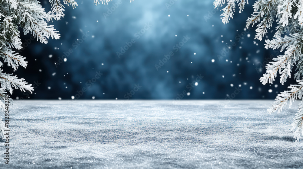 Fototapeta premium Snowy frosty pine branches snow covered surface cold blue winter scene soft falling snow
