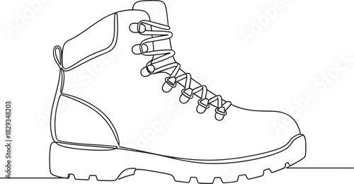 Detailed line drawing sketch of a sturdy hiking boot on a white background