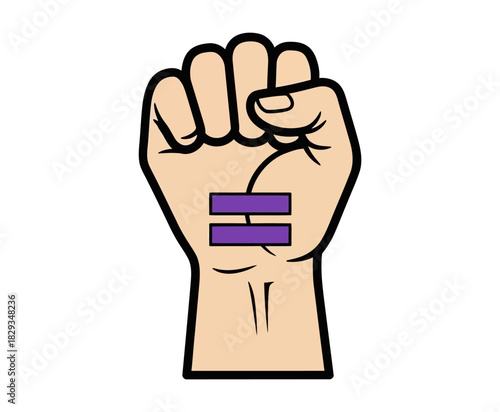 A raised fist with a purple equals sign symbolizing the fight for gender equality.