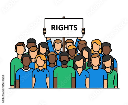 A diverse crowd of people holding a protest sign for human rights.