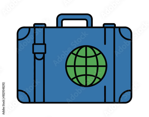 Blue suitcase with a green globe icon for travel.