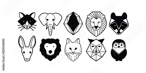 Ten Geometric Animal Head Icons With Black Outline And Fill On White Background Keywords: animal, head, icon, geometric, fox, lion, owl, elephant