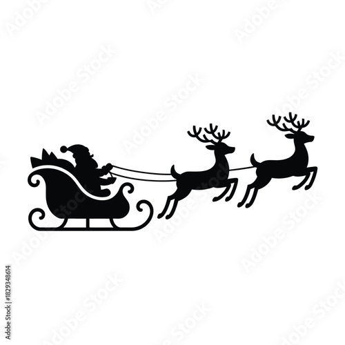 Silhouette of Santa Claus in a sleigh pulled by reindeer Keywords: Santa Claus, sleigh, reindeer