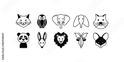 Ten Stylized Animal Icons With Black Outline And Fill On White Background Keywords: animal, icon, stylized, fox, owl, elephant, panda, lion