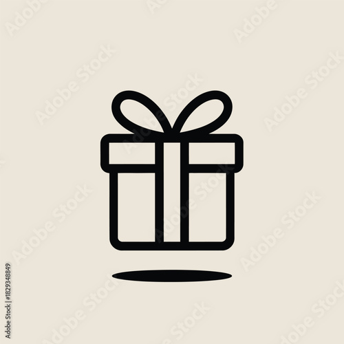 Simple black outline gift box icon with ribbon on beige background present