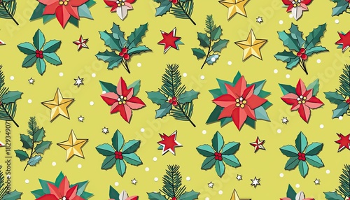 Festive Christmas Pattern - Holly, Poinsettias, Stars, and Evergreen Sprigs.
