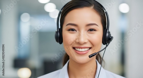 Smiling Asian woman wearing a headset, ready to assist customers