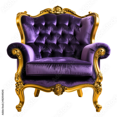 Ornate purple velvet armchair with gold trim isolated on transparent background