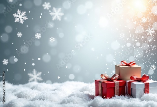 Merry Christmas and Happy New Year silver shiny background with 3d gift boxes and snow, card template with place for text