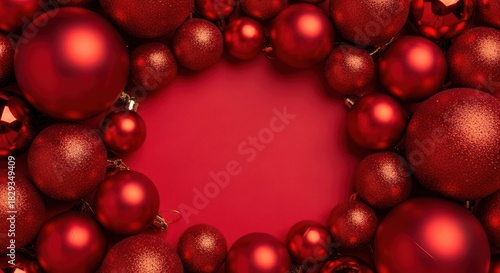 Festive red Christmas ornaments arranged in a circle on a red background