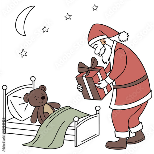 Santa Claus leaving a gift for a sleeping child vector illustration. Christmas Eve scene with Santa and a teddy bear present