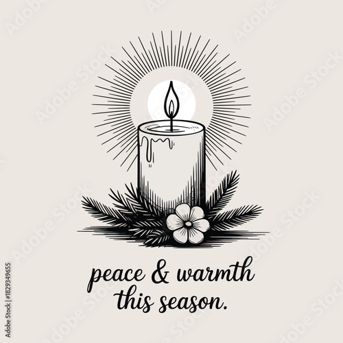 Sketch of lit candle with sunburst and pine branches on light background flame burning