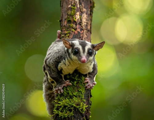 An adorable sugar glider clings to a mossy tree trunk, surrounded by blurred green bokeh