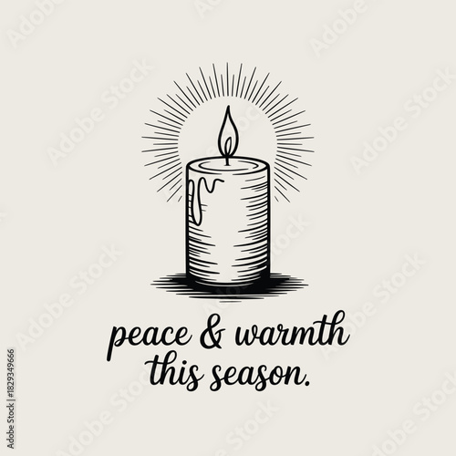 Sketch of lit candle with sunburst on light background and text flame burning
