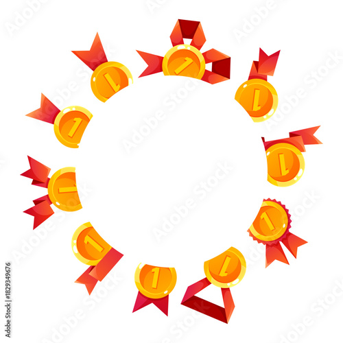 A circular arrangement of gold medals and red ribbons. The design features multiple first place medals, symbolizing achievement and victory.