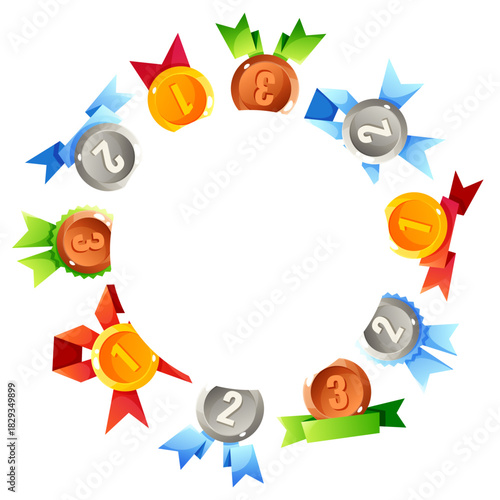 A circular arrangement of medals with ribbons. Gold, silver, and bronze medals are displayed with colorful ribbons in red, blue, and green. Ideal for awards and achievements.