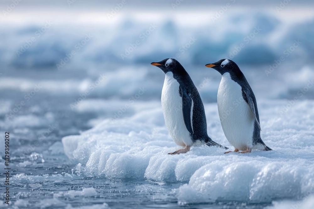 Obraz premium Two penguins stand side-by-side on a chunk of icy floe, looking out toward the ocean